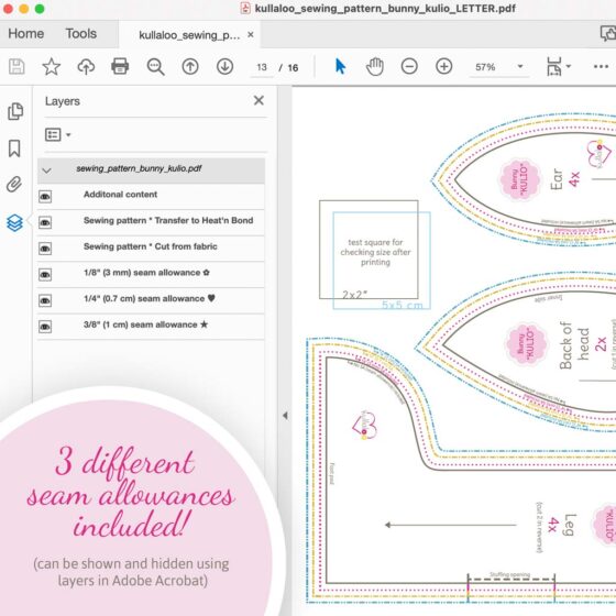 Three different seam allowances included in the sewing pattern