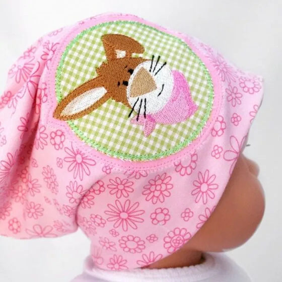Embroidery design bunny KULIO as patch on hat