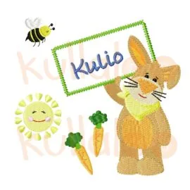 Rabbit embroidery design: KULIO with appliqué sign