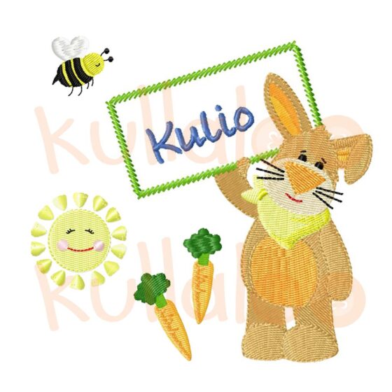 Rabbit embroidery design: KULIO with appliqué sign