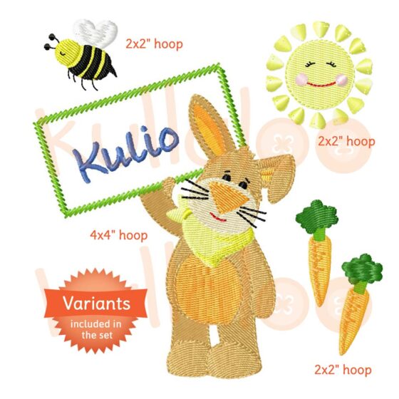 Rabbit embroidery design: KULIO with appliqué sign