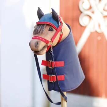 Bay Hobby Horse with rain blanket and fly bonnet