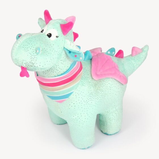 Dragon plushie sewing pattern with glitter fabric