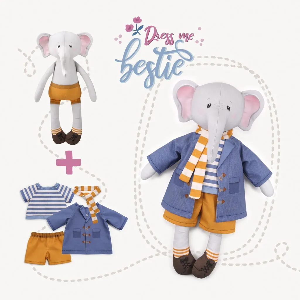 Dress up elephant rag doll cut and sew fabric panel with clothes