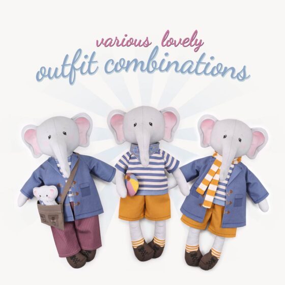 Elephant cloth doll cut and sew fabric panel with clothes: outfit variations