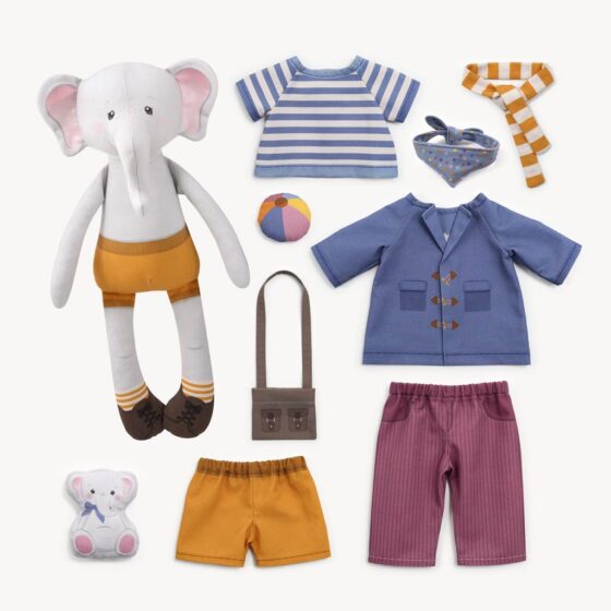 Elephant rag doll cut and sew fabric panel with clothes and accessories