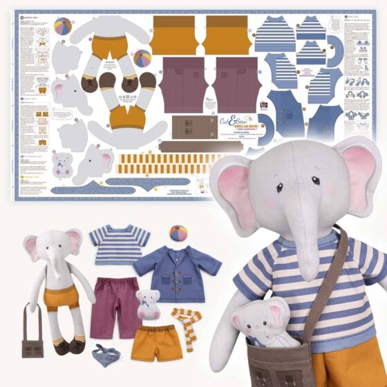 Elephant rag doll fabric panel: cut and sew "Dress Me Bestie" ♥ EDDY ELEPHANT ♥