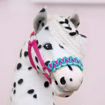 Hobby Horse halter DIY kit: sample halter with braided noseband in pink and aqua