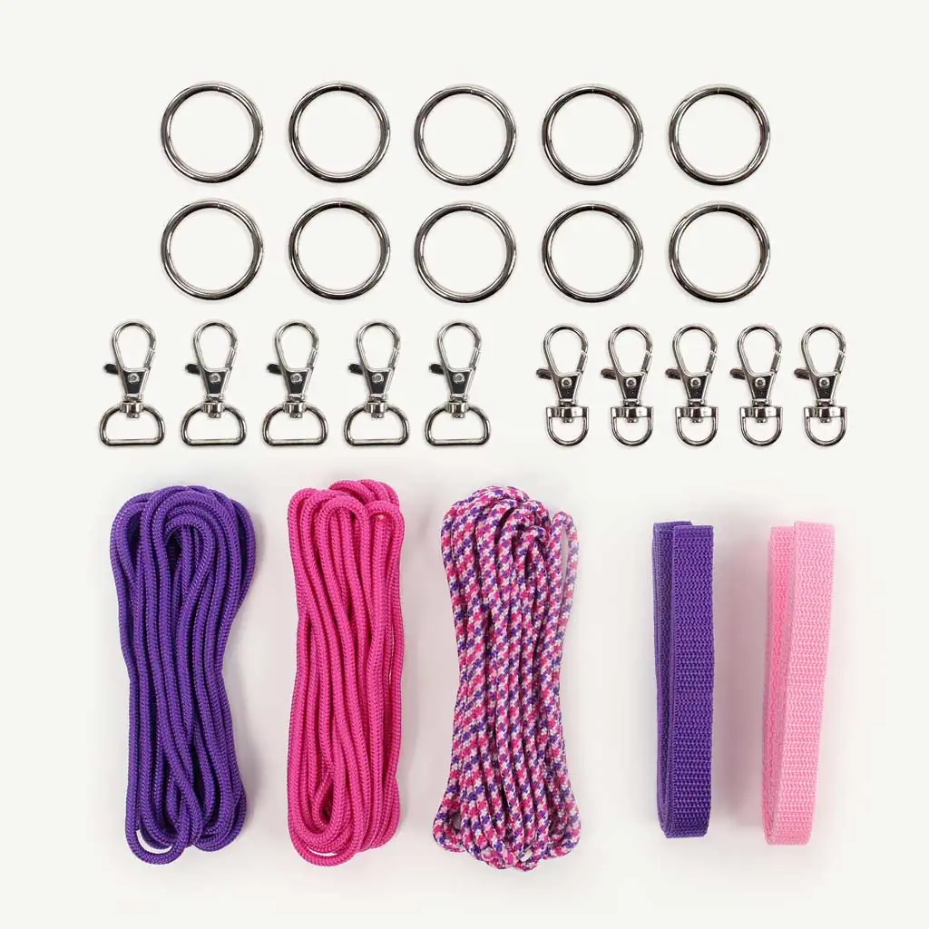Hobby Horse halter and lead rope DIY kit purple/pink: included materials (rope, webbing, o-rings, snap hooks)