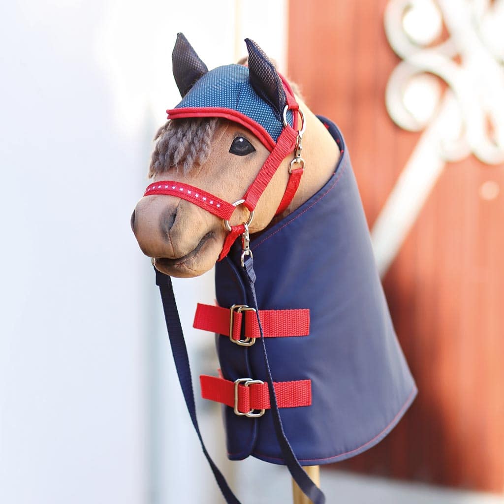 Hobby Horse with red head collar and matching fly veils and rain blanket