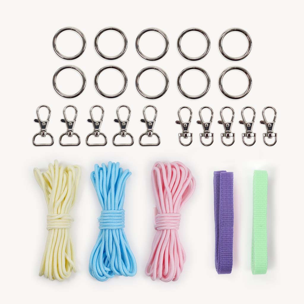 Make a Hobby Horse halter and lead DIY kit: included materials (rope, webbing, o-rings, snap hooks)