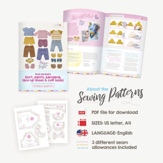 Doll clothes patterns PDF with shirt, pants and accessories, incl. 3 seam allowances