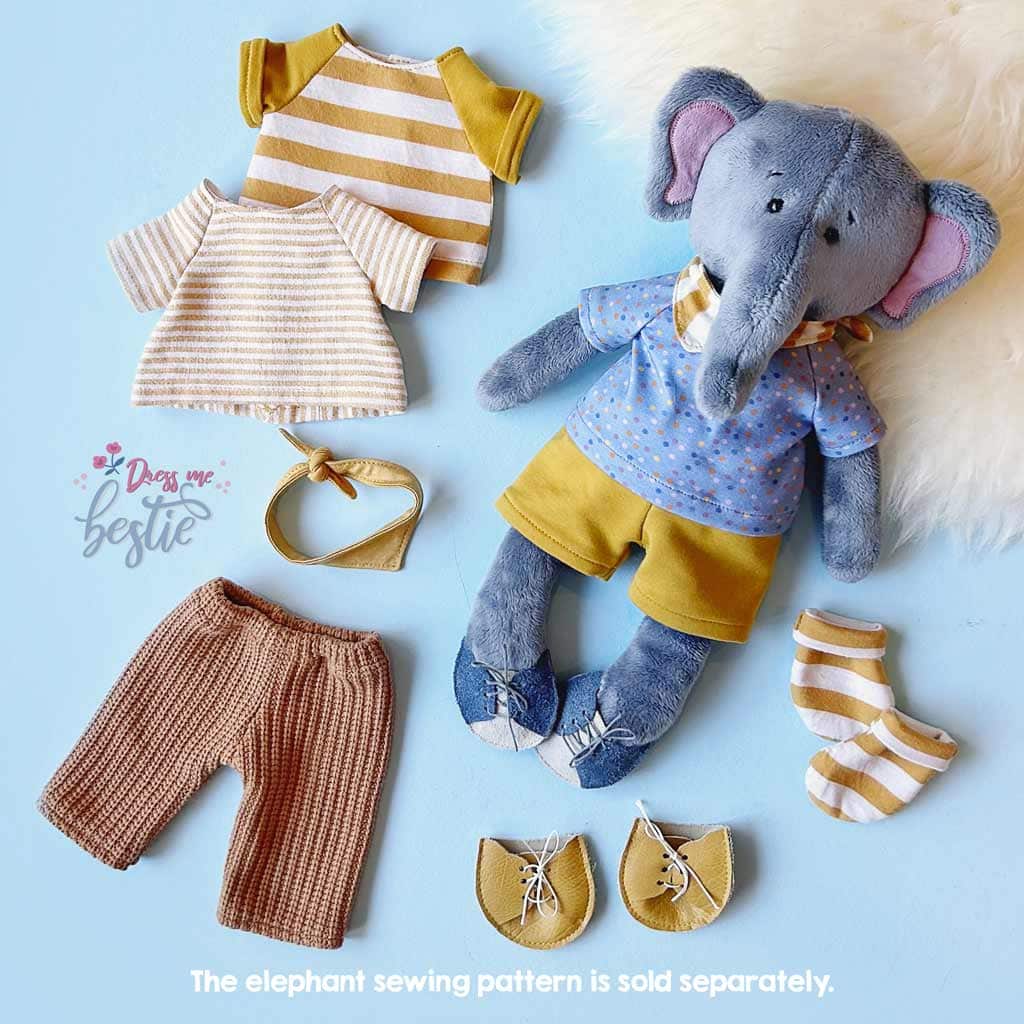 Stuffed elephant "EDDY" with cute clothes sewn with our doll clothes patterns