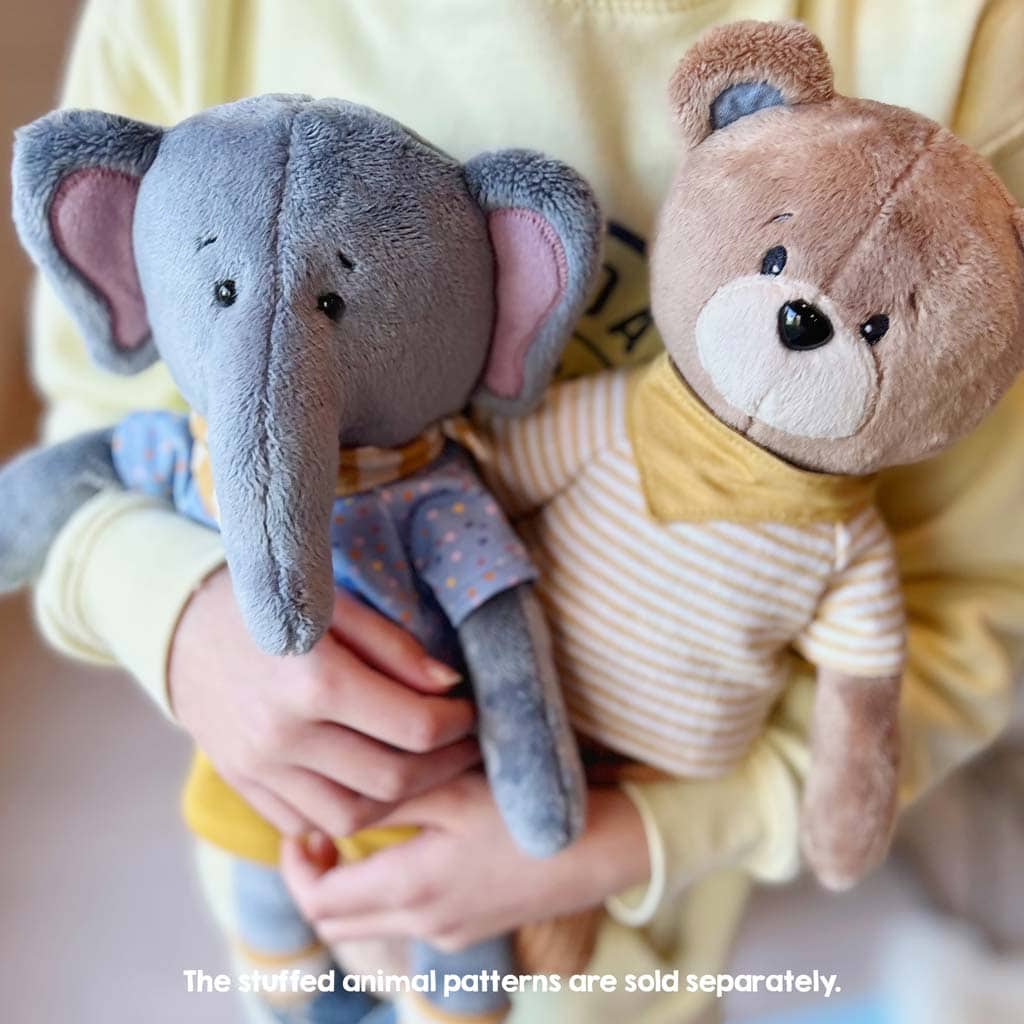 Handmade teddy bear and stuffed elephant dressed with clothes made with our doll clothes patterns