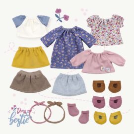 Doll clothes sewing pattern with tunic, skirt, headband, socks and shoes for "Dress Me Bestie" series