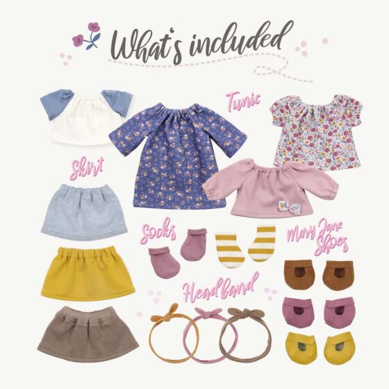 Doll clothes sewing pattern bundle: tunic, skirt, headband, Mary Jane shoes and lined socks