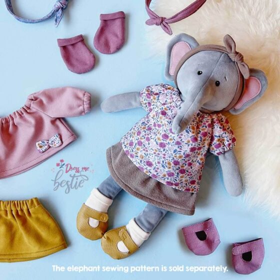 Stuffed elephant "EDDY" dressed with tunic, skirt, headband, socks and shoes sewn with our doll clothes sewing pattern bundle