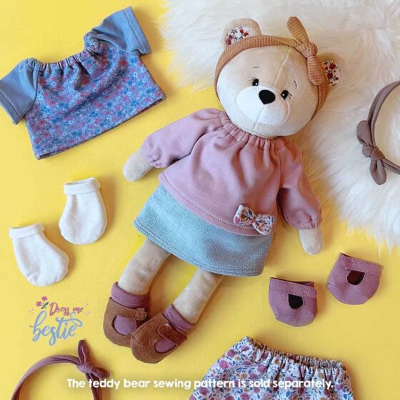 Teddy "BETSY" dressed with tunic, denim skirt, headband, socks and shoes