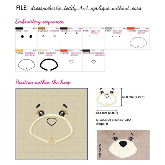 Teddy bear face embroidery design for stuffed bear pattern Dress Me Bestie BETSY BEAR (digital)