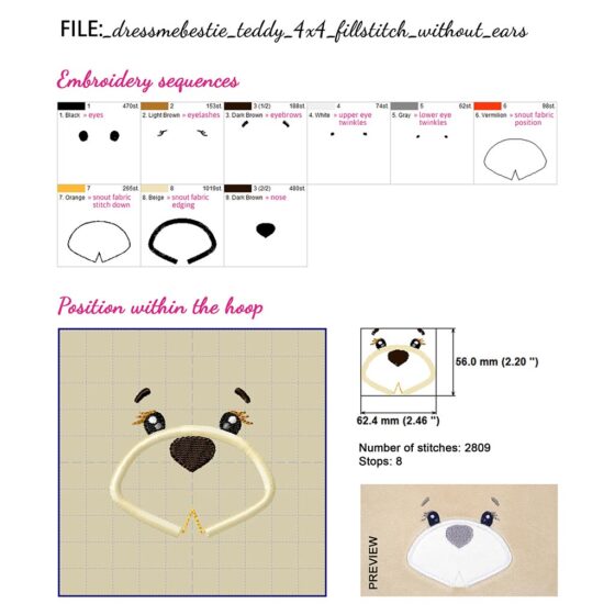 Teddy bear face embroidery design for stuffed bear pattern Dress Me Bestie BETSY BEAR (digital)