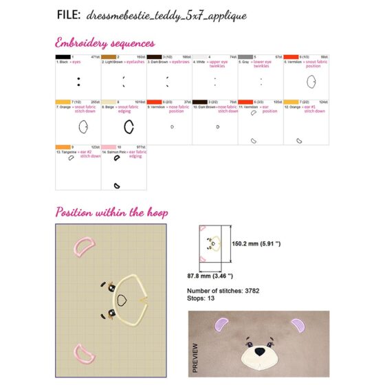 Teddy bear face embroidery design for stuffed bear pattern Dress Me Bestie BETSY BEAR (digital)