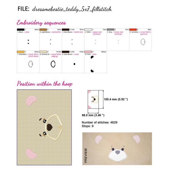 Teddy bear face embroidery design for stuffed bear pattern Dress Me Bestie BETSY BEAR (digital)