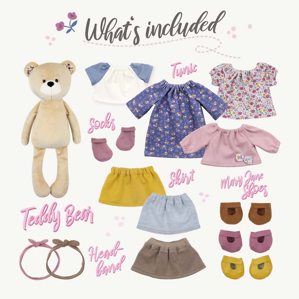 Sewing pattern for making a teddy bear ✚ doll outfit pattern bundle with tunic, skirt, headband, shoes and socks