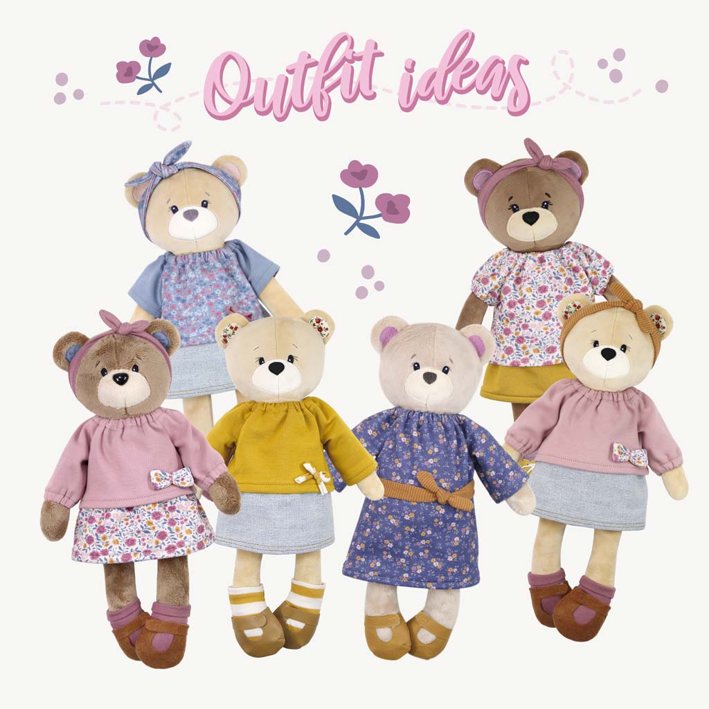 Cute teddy bear outfits sewn with our doll outfit pattern bundle