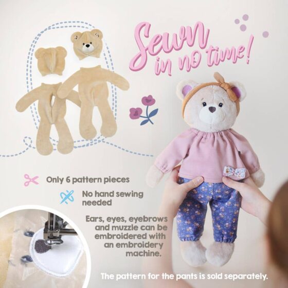 Quick and easy stuffed bear sewing pattern ✚ face embroidery design – "Dress Me Bestie ♥ BETSY BEAR"