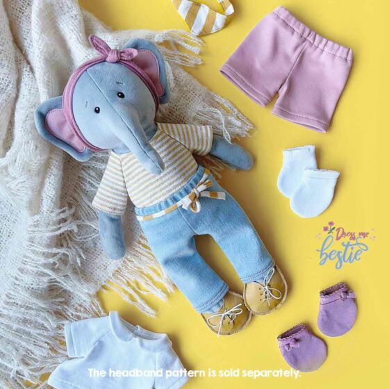 Handmade stuffed elephant sewn with our sewing pattern pdf and the matching patterns for shirt, pants, shorts and accessories