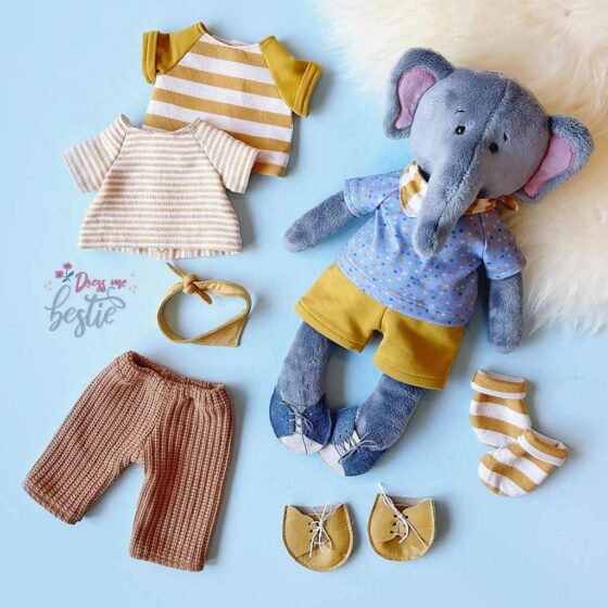 Super cute elephant with clothes sewn with our stuffed elephant sewing pattern "EDDY ELEPHANT"