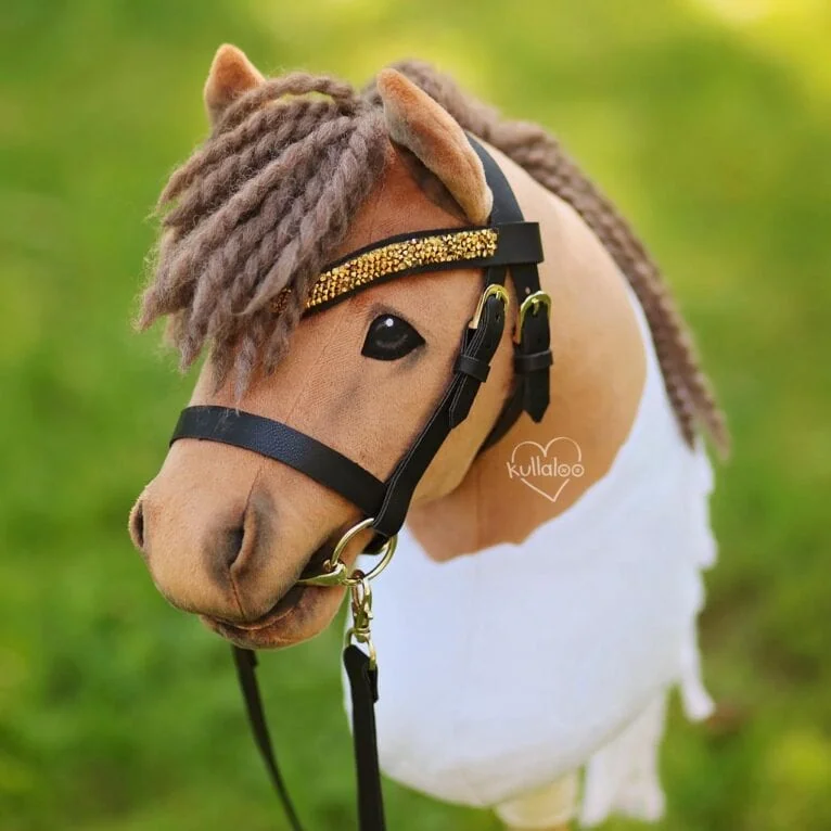 Stick Horse tack craft kit for making a black hobby horse bridle with gold snaffle bit