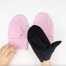 Instructions for free mittens sewing pattern: insert outer mitten into lining mitten, right sides together, step 1