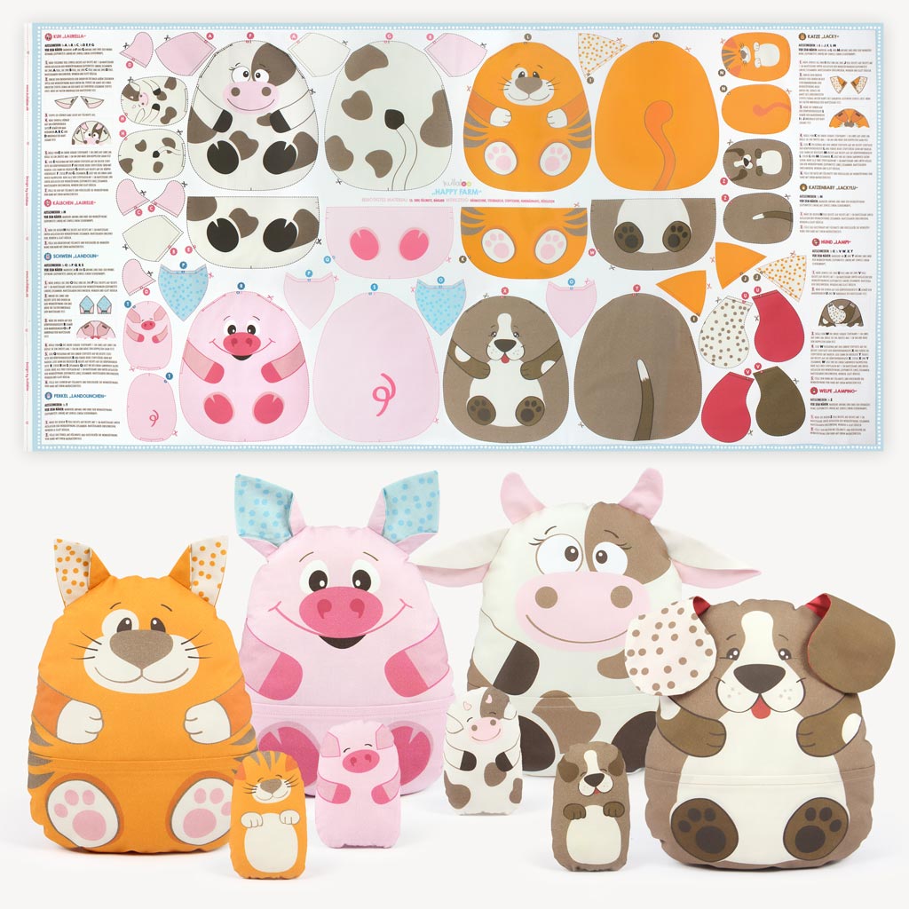 Stuffed animal cut and sew fabric panel "HAPPY FARM" – Beginner sewing kit with easy patterns for machine sewing