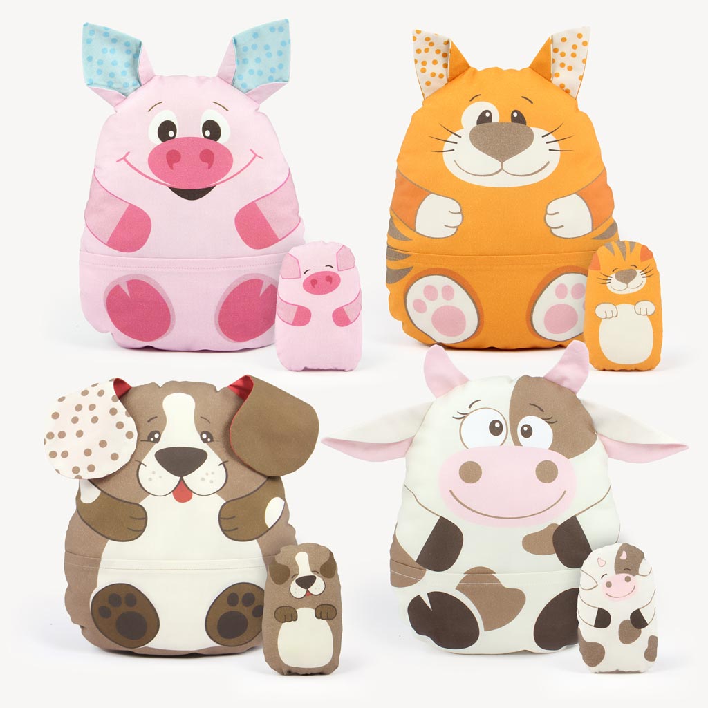 Beginner sewing kit with easy patterns for machine sewing:Stuffed animal cut and sew fabric panel "HAPPY FARM"