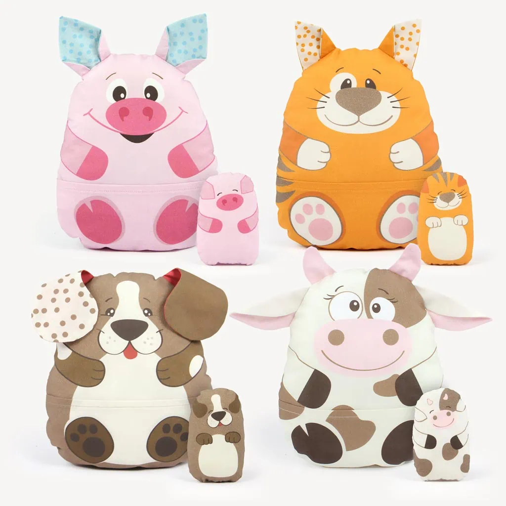 Beginner sewing kit with easy patterns for machine sewing:Stuffed animal cut and sew fabric panel "HAPPY FARM"