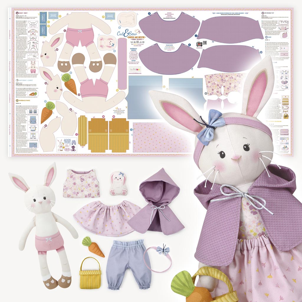 Bunny cut and sew doll panel: "Dress Me Bestie" ♥ BIBBY BUNNY ♥ – Stuffed bunny teen and adult sewing kit