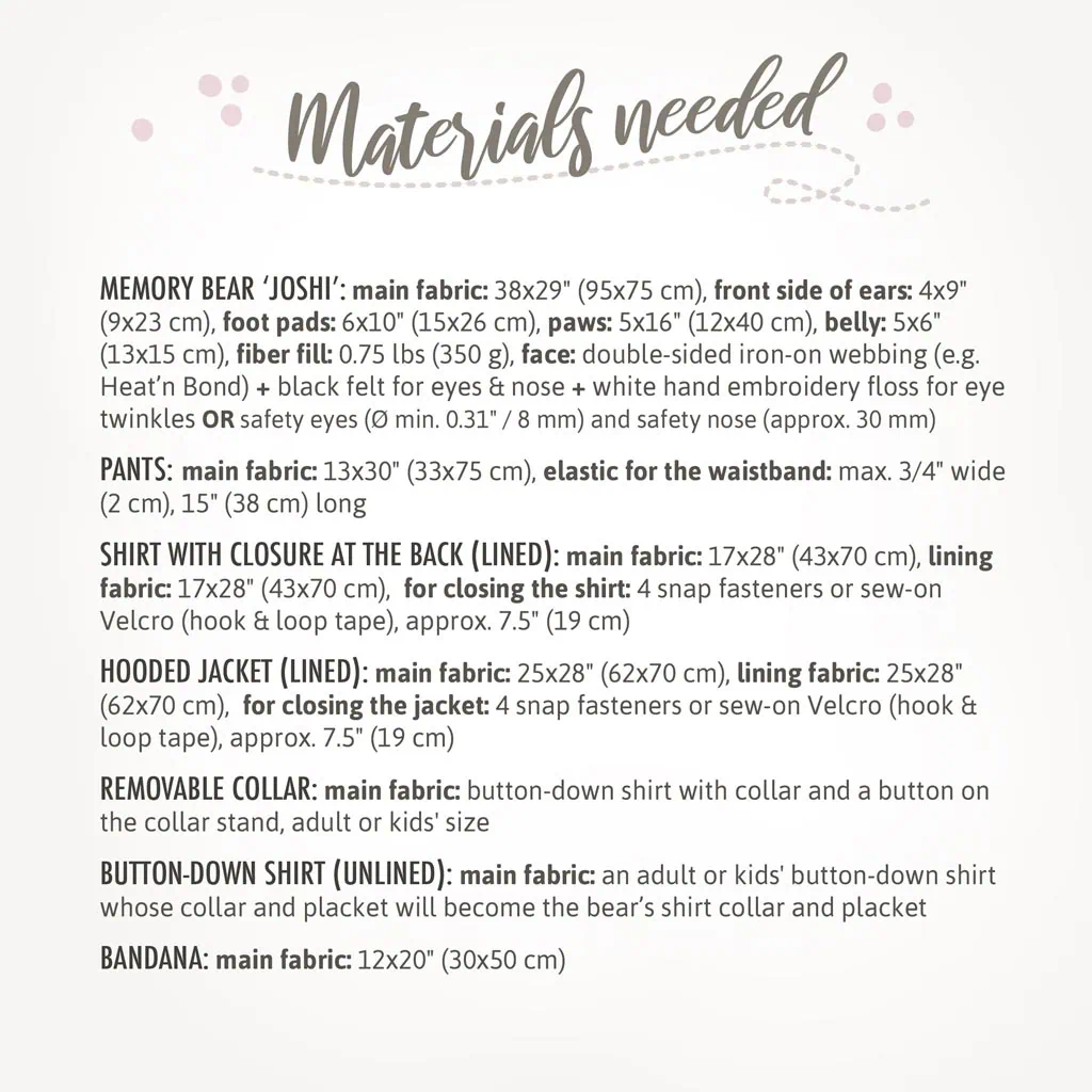 Memorial bear sewing pattern sheet: needed materials