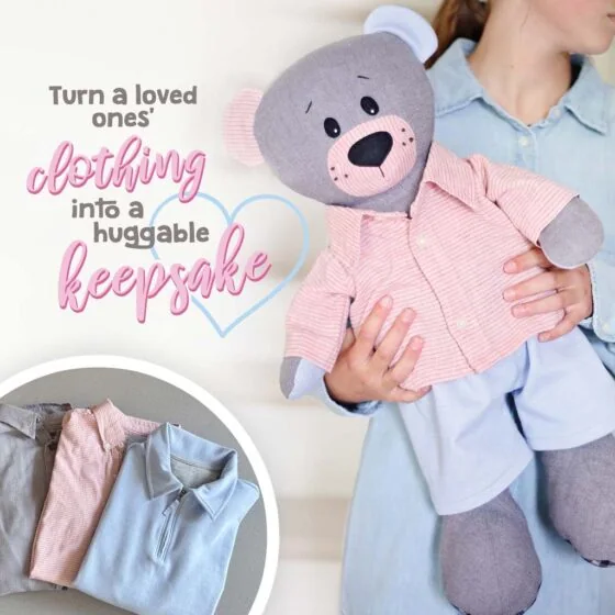 Sew a memory bear from button down shirt or clothing with our memorial bear pattern