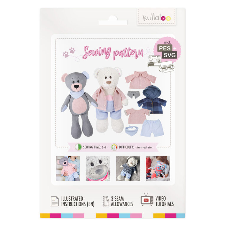 Printed memory bear sewing pattern sheet "JOSHI" with clothes, incl. instructions, embroidery & cutting files, video tutorial