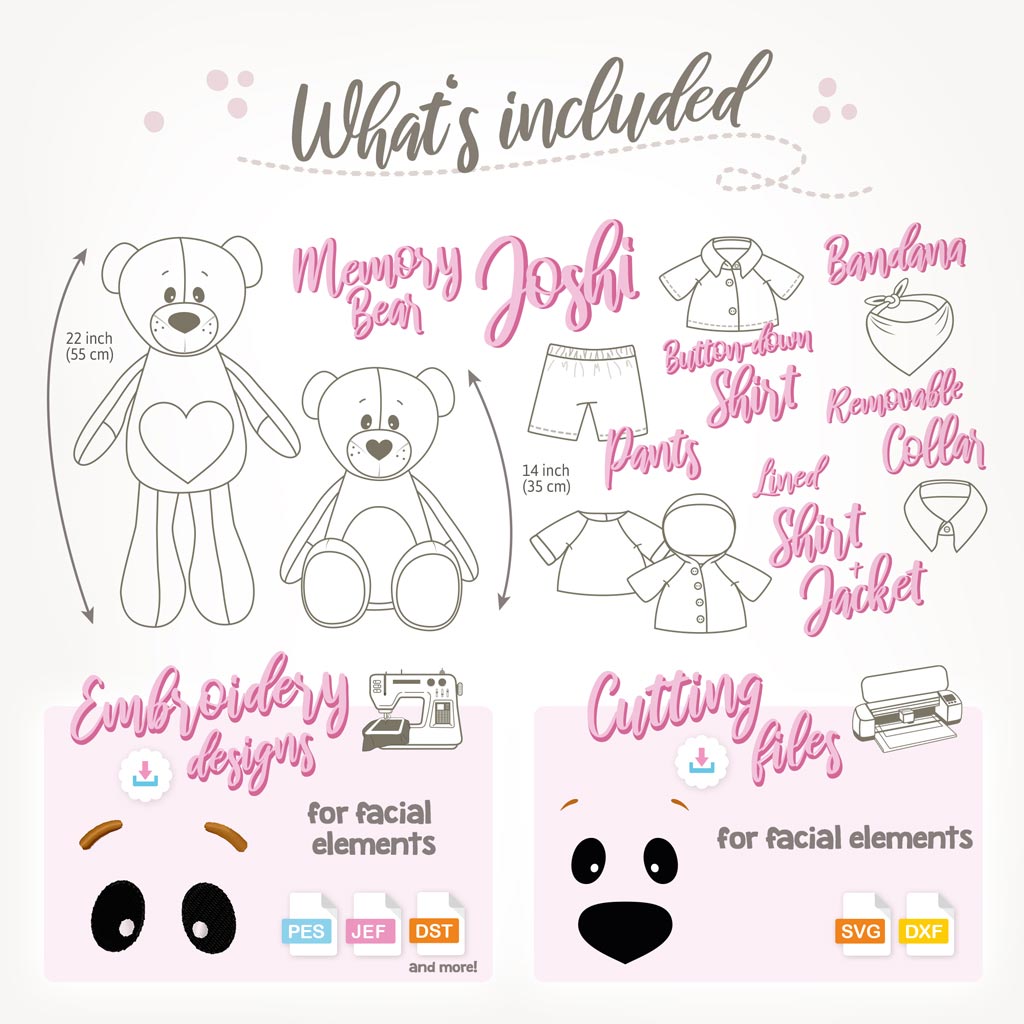 Paper memory bear sewing pattern sheet "JOSHI" with clothes, incl. instructions, embroidery & cutting files, video tutorial