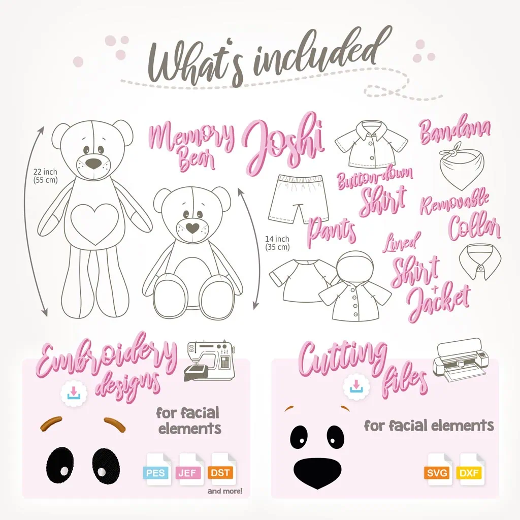 Paper memory bear sewing pattern sheet "JOSHI" with clothes, incl. instructions, embroidery & cutting files, video tutorial