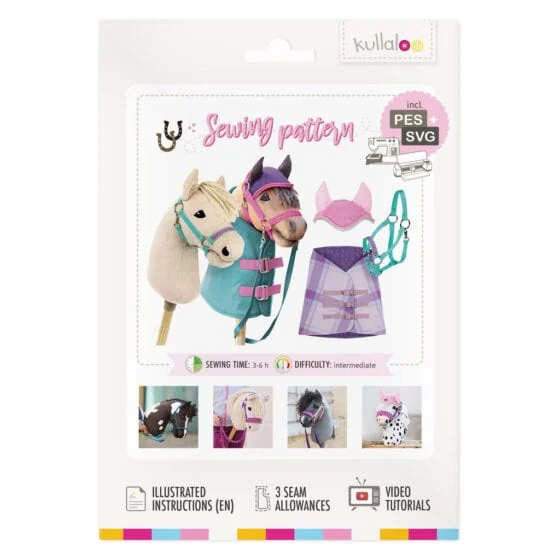 Printed hobby horse sewing pattern sheet with blanket, ear bonnet & halter, incl. embroidery & cutting files