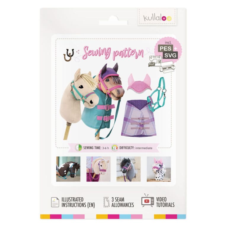 Printed hobby horse sewing pattern sheet with blanket, ear bonnet & halter, incl. embroidery & cutting files