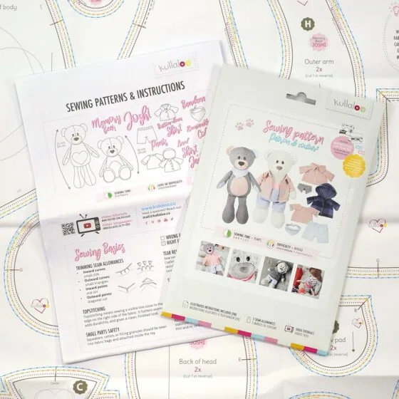 Printed memory bear sewing pattern sheet "JOSHI" with clothes, incl. instructions, embroidery & cutting files, video tutorial