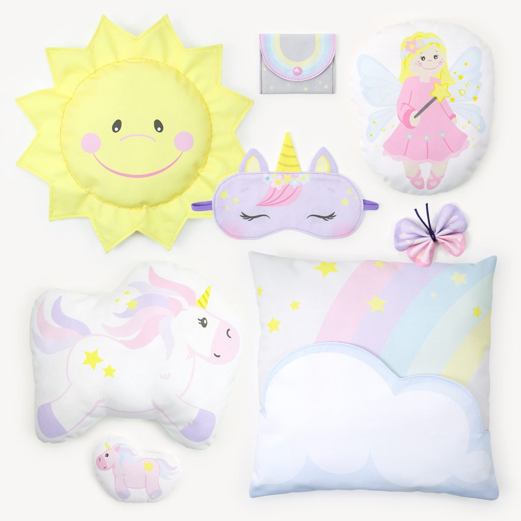 Sewing machine projects for beginners: Cut and Sew fabric "MAGIC WORLD" with unicorn, fairy, sun, sleep mask and pillow