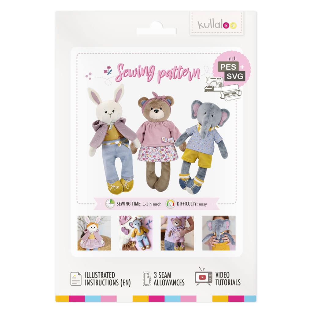 Sewing templates for stuffed animals "Dress Me Besties": teddy bear, bunny & elephant with clothes