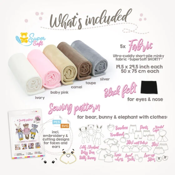Sew your own bunny, teddy & elephant with our stuffed animal making kit: fabrics + printed plushie pattern