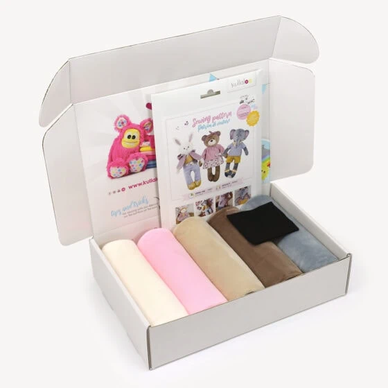Sew your own bunny, teddy & elephant with our stuffed animal making kit: fabrics + printed plushie pattern