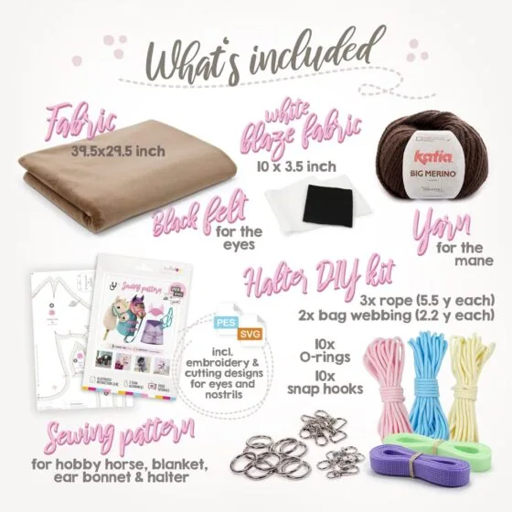 Make a Hobby Horse with our brown material bundle: Fabric + yarn + sewing pattern + halter DIY kit